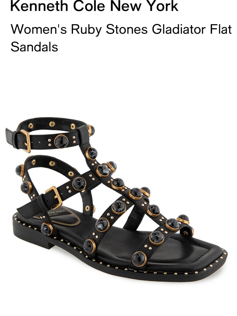 Kenneth Cole New York Black Gladiator Sandals with Dark Gem Accents